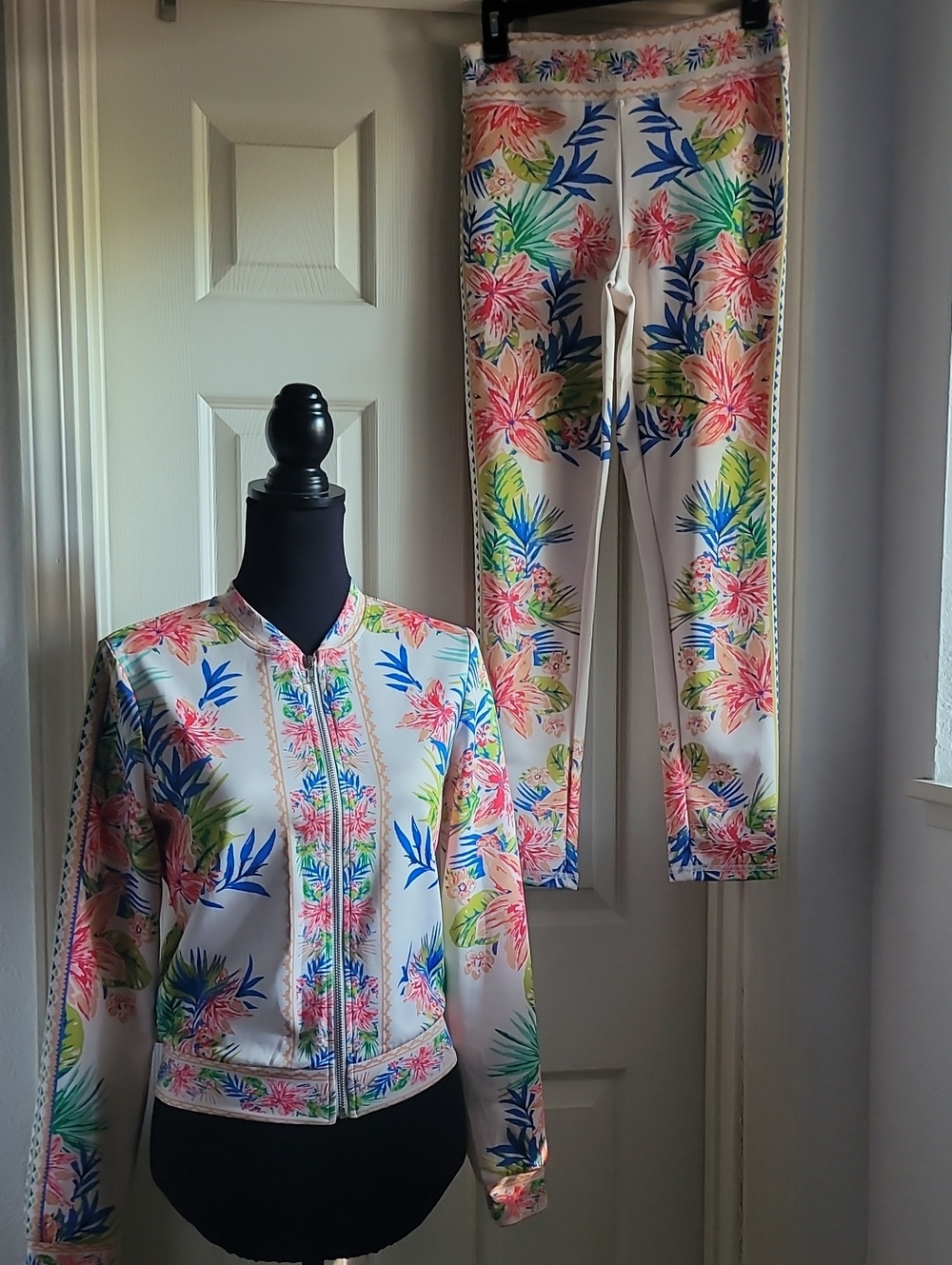 Jealous Tomato White Floral Two-Piece Track Set with Pink & Blue Accents Size M